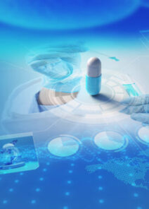 Holograms,of,capsule;,charts,and,dna,helix,on,scientific,backdrop.